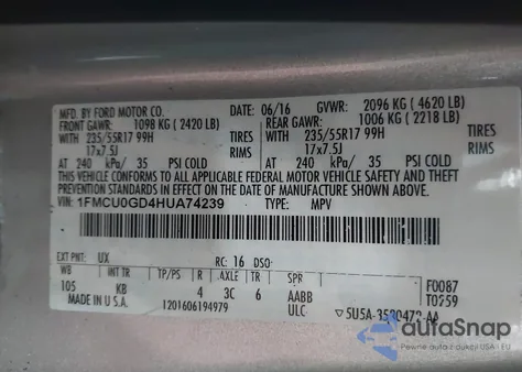 2017 Ford Escape Se z USA, uszkodzony, nr VIN 1FMCU0GD4HUA74239